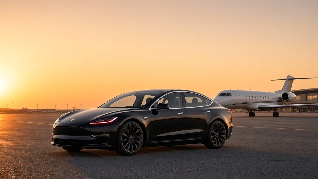 Une berline électrique noire à l'arrêt, au crépuscule